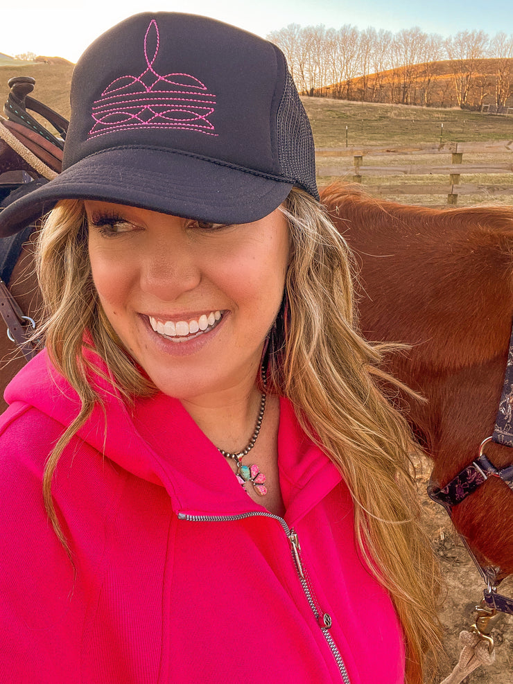 Black with Pink Boot Stitch Trucker Hat